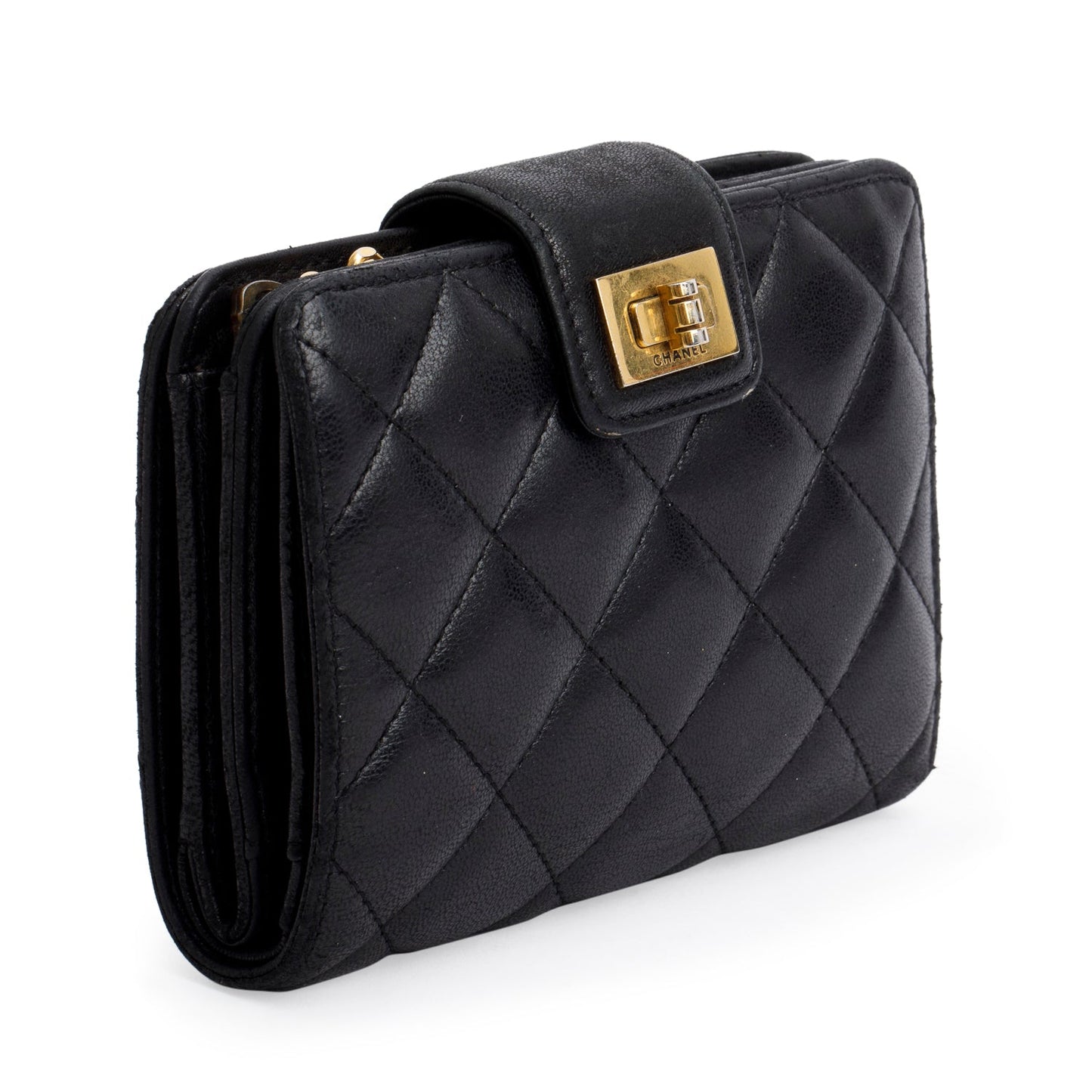 Chanel Black Lambskin Leather 2.55 French Compact Wallet