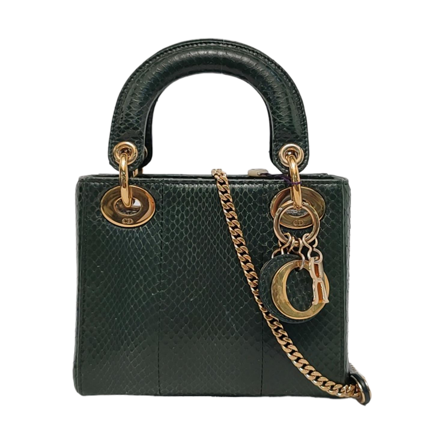 Lady Dior Mini Dark Green Snake Skin with gold hardware Chain Strap