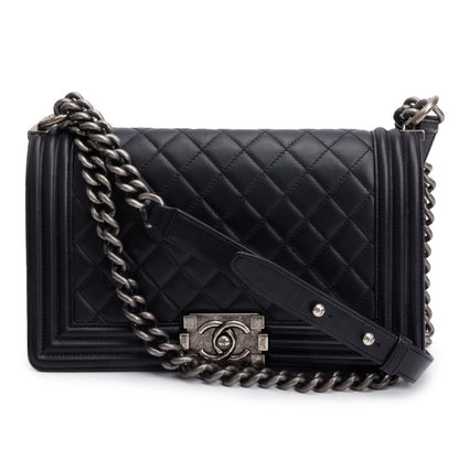 Chanel Black Quilted Lambskin Leather Medium Boy Bag