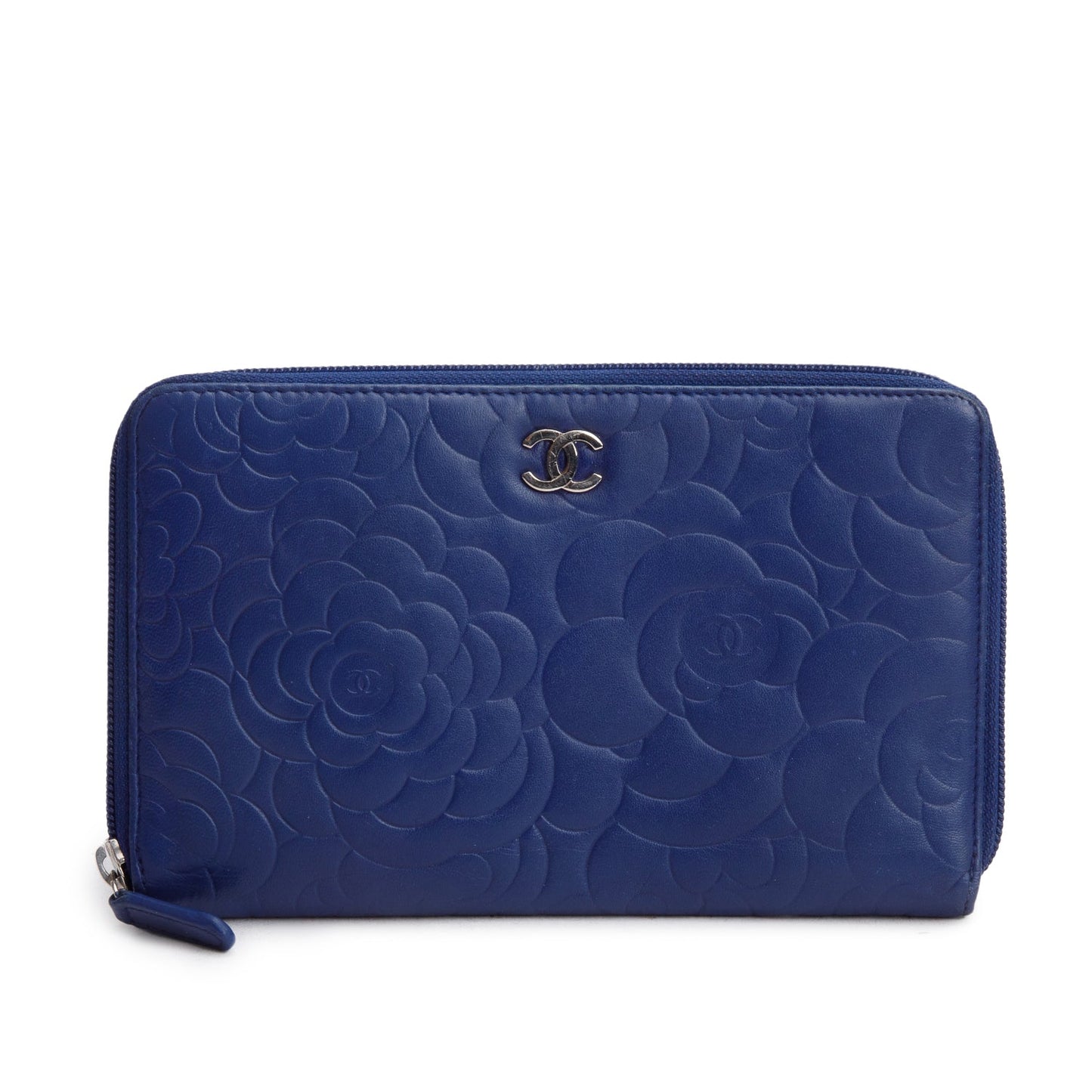 Chanel Blue Camellia Embossed Lambskin Leather Large Zip Wallet Organizer