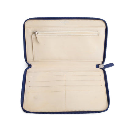 Chanel Blue Camellia Embossed Lambskin Leather Large Zip Wallet Organizer