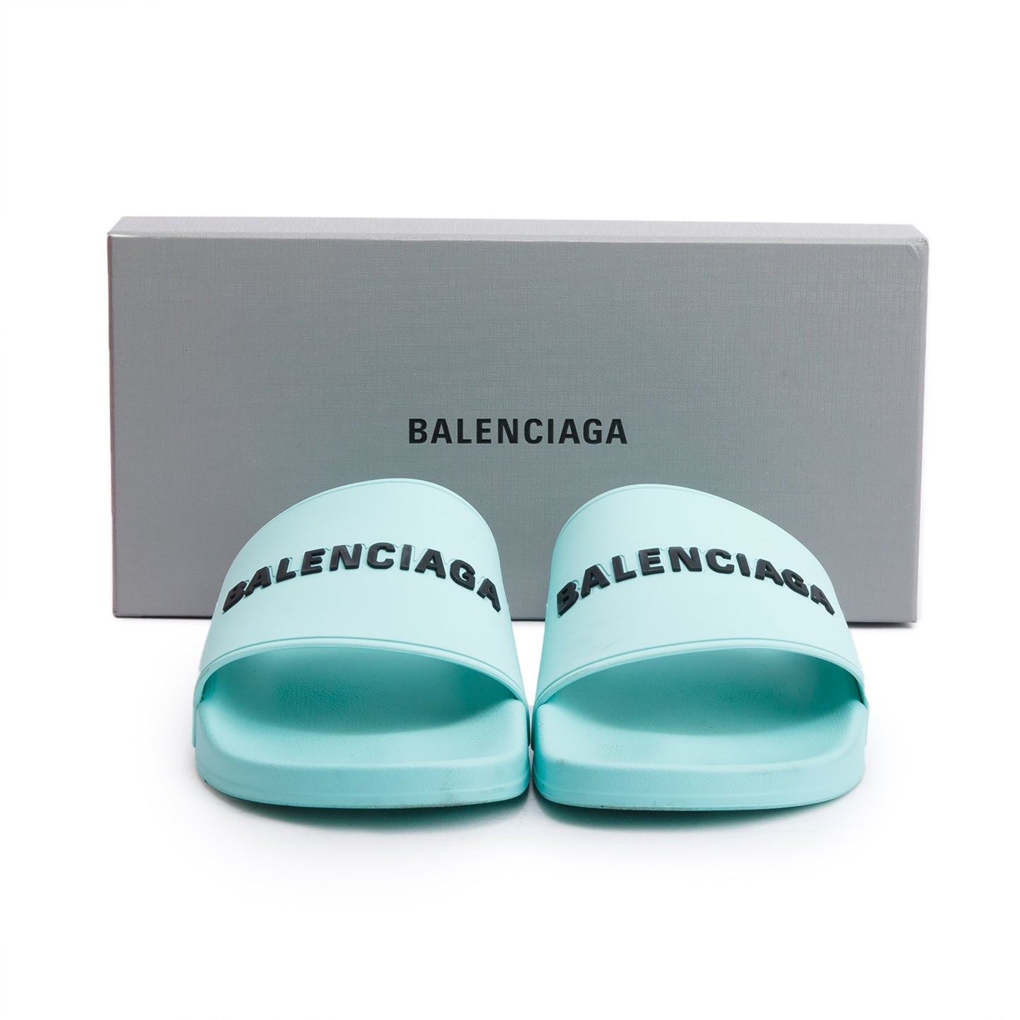 Balenciaga Mint Green Rubber Printed Logo Pool Slide Sandals, Size 45