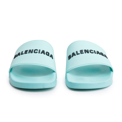 Balenciaga Mint Green Rubber Printed Logo Pool Slide Sandals, Size 45