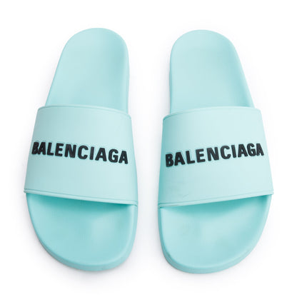 Balenciaga Mint Green Rubber Printed Logo Pool Slide Sandals, Size 45