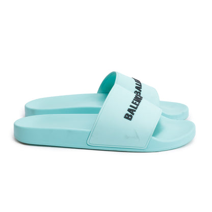 Balenciaga Mint Green Rubber Printed Logo Pool Slide Sandals, Size 45
