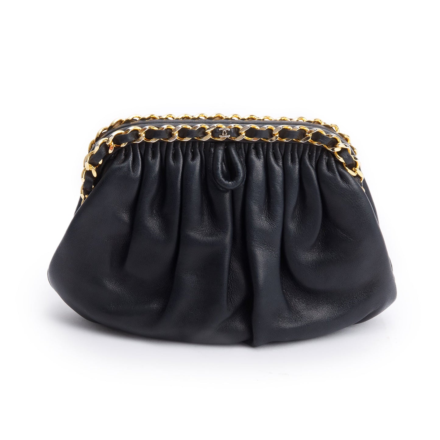 Chanel Black Lambskin Leather Chain-Link Frame Clutch Crossbody
