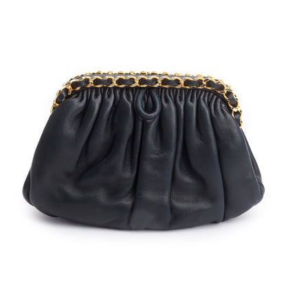 Chanel Black Lambskin Leather Chain-Link Frame Clutch Crossbody