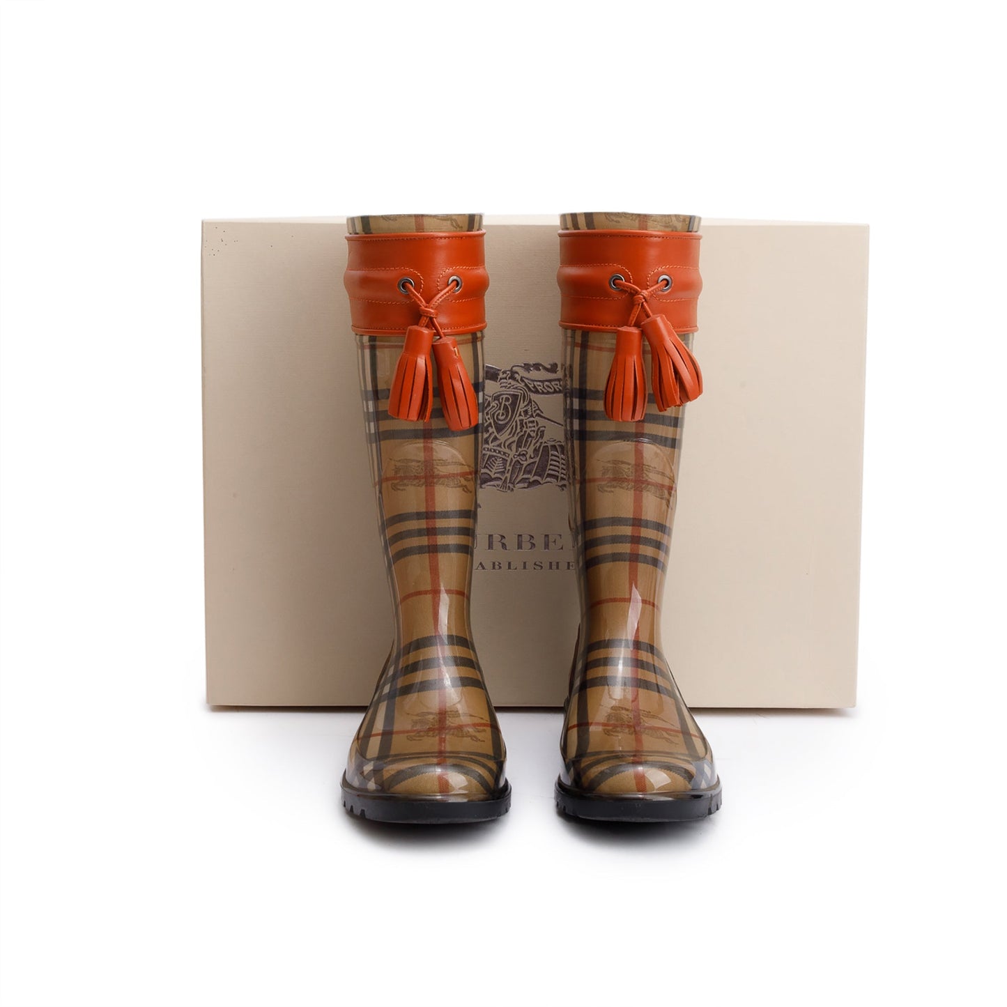 Burberry Wharton Haymarket Check Rubber Tassel Rain Boots, Size 38