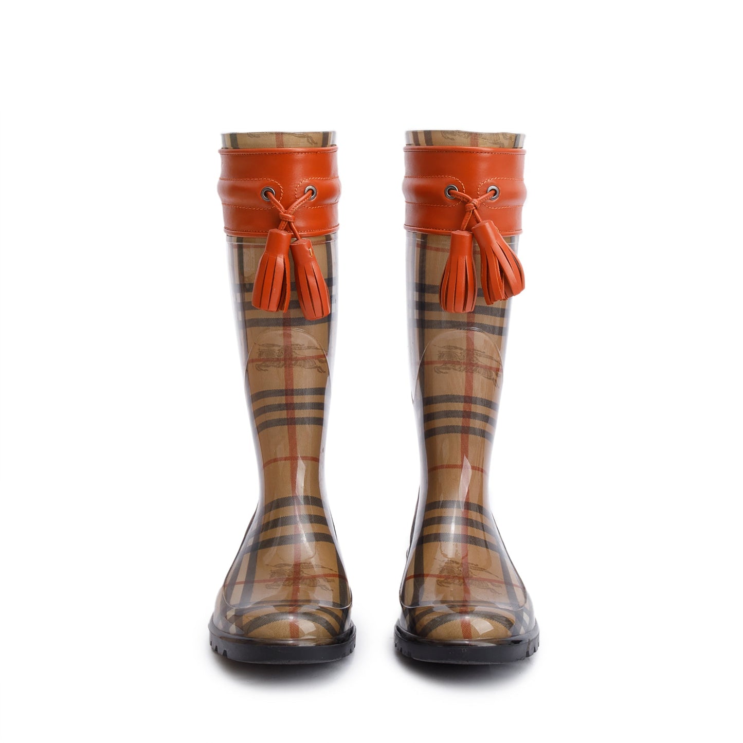 Burberry Wharton Haymarket Check Rubber Tassel Rain Boots, Size 38