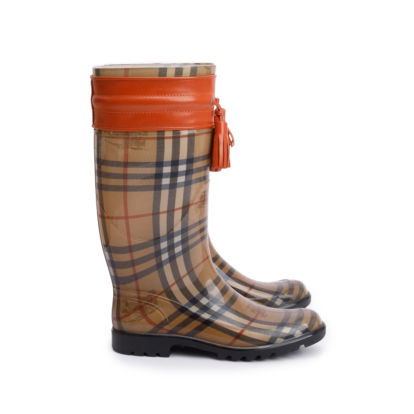 Burberry Wharton Haymarket Check Rubber Tassel Rain Boots, Size 38