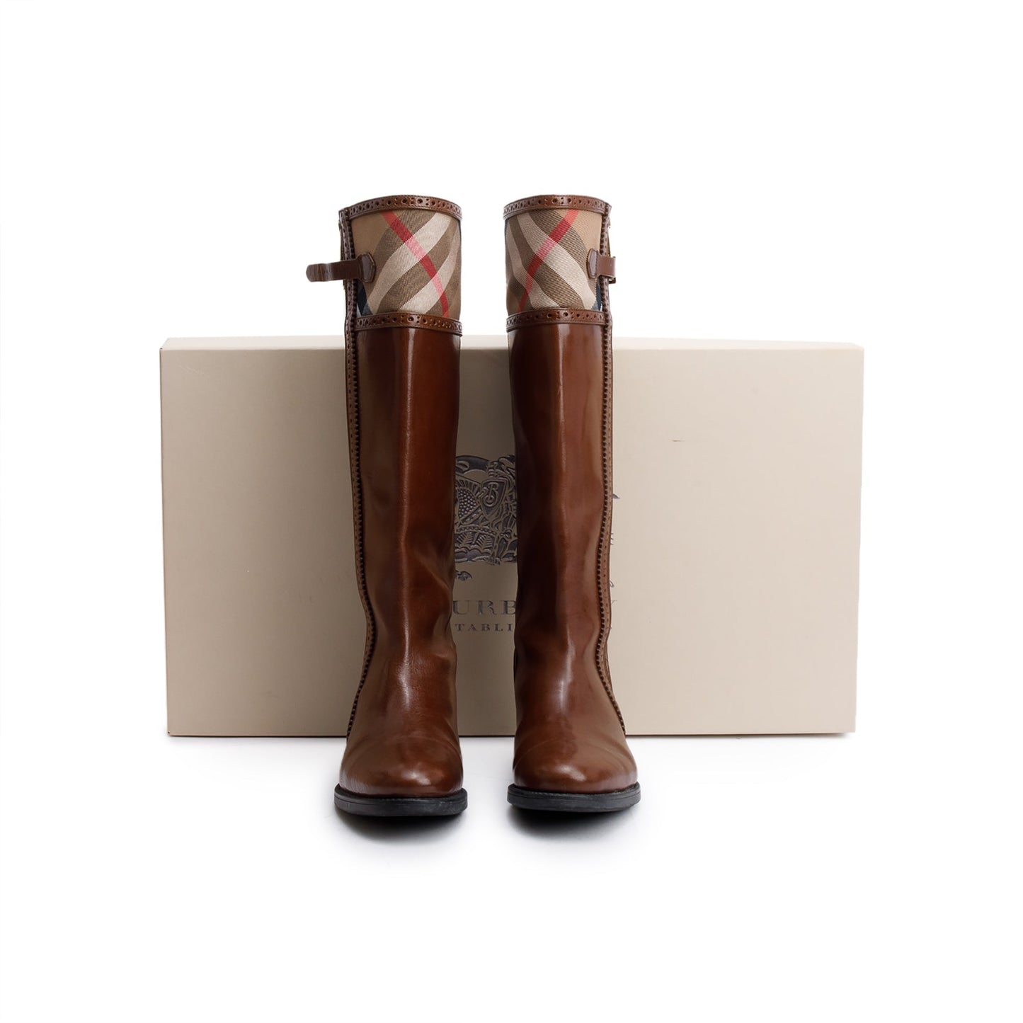 Burberry Brown Bridle Brogue House Check Colville High Boots, Size 38.5