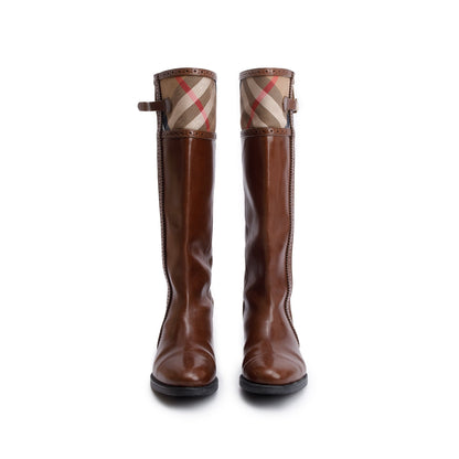 Burberry Brown Bridle Brogue House Check Colville High Boots, Size 38.5