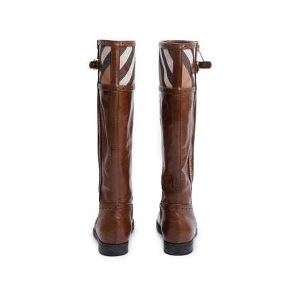 Burberry Brown Bridle Brogue House Check Colville High Boots, Size 38.5