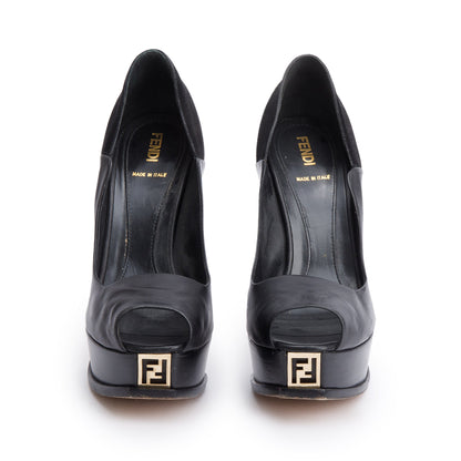 Fendi Black Leather FF Platform Peep-Toe Pumps, Size 38