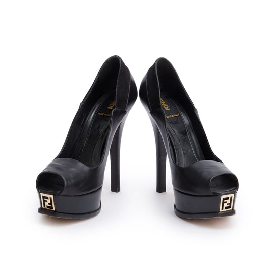 Fendi Black Leather FF Platform Peep-Toe Pumps, Size 38