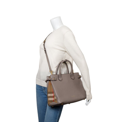 Burberry Grey Calfskin Leather House Check Medium Banner Tote