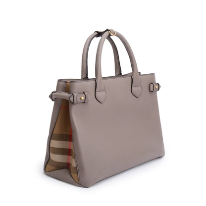 Burberry Grey Calfskin Leather House Check Medium Banner Tote