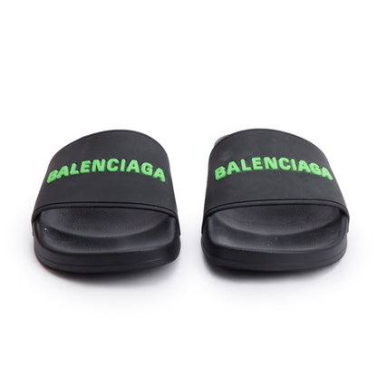 Balenciaga Black Rubber Printed Logo Pool Slide Sandals, Size 37
