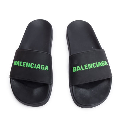 Balenciaga Black Rubber Printed Logo Pool Slide Sandals, Size 37