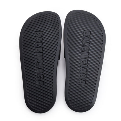 Balenciaga Black Rubber Printed Logo Pool Slide Sandals, Size 37