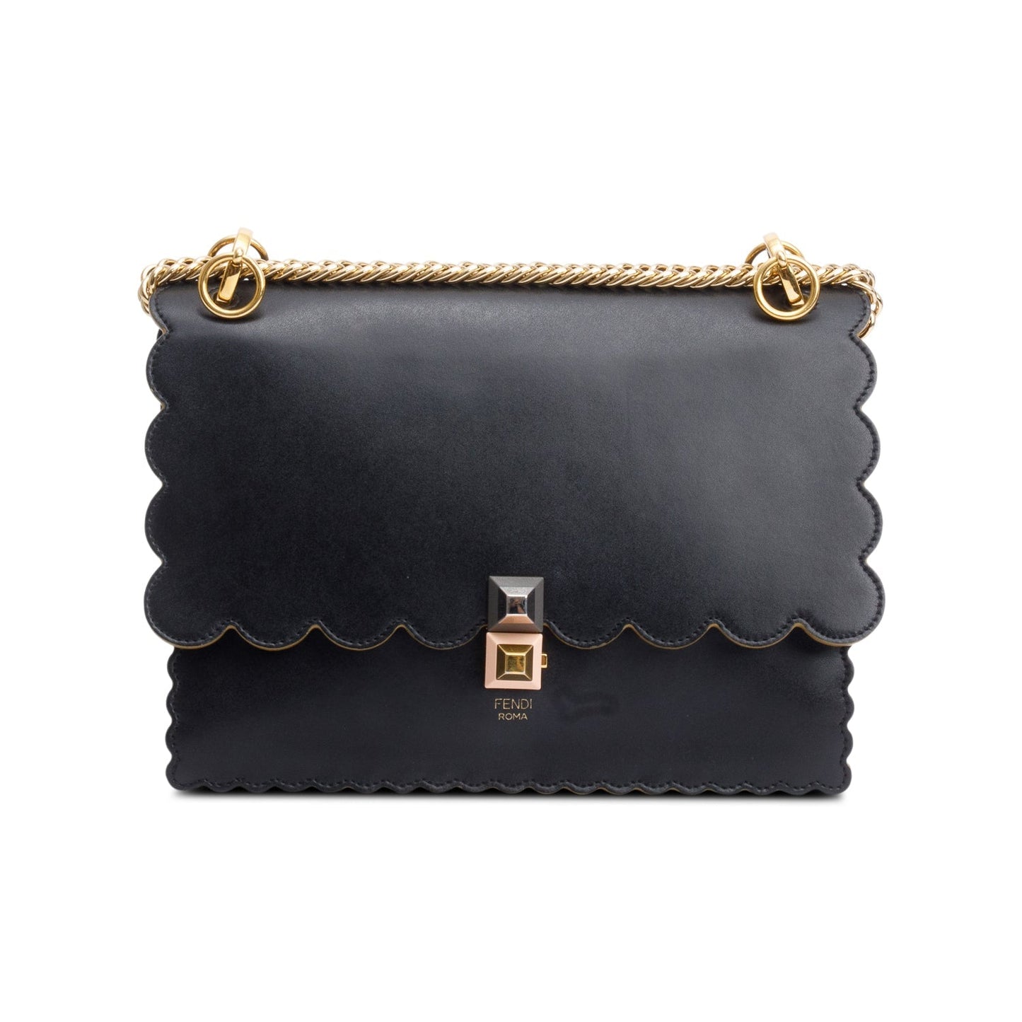 Fendi Black Calfskin Leather Medium Kan I Scallop Shoulder Bag