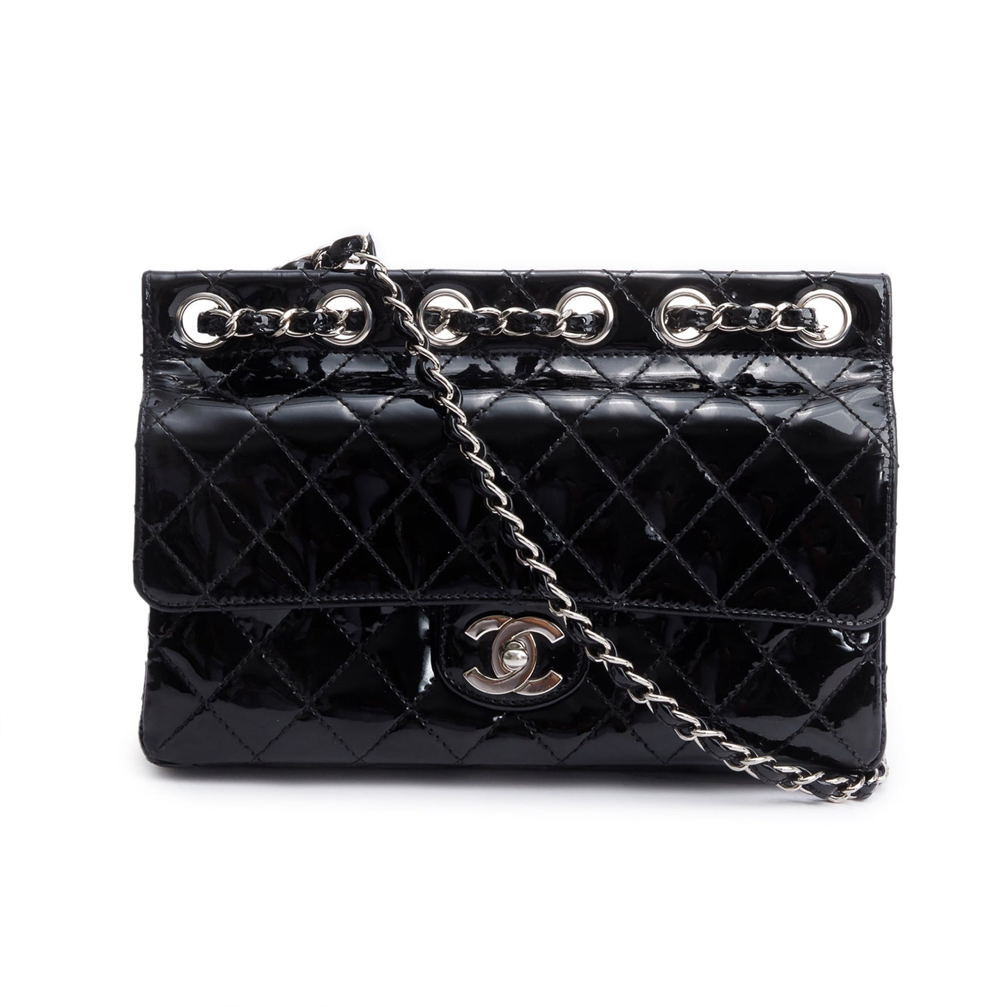 Chanel Black Quilted Patent Leather Chain Through Flap Bag
