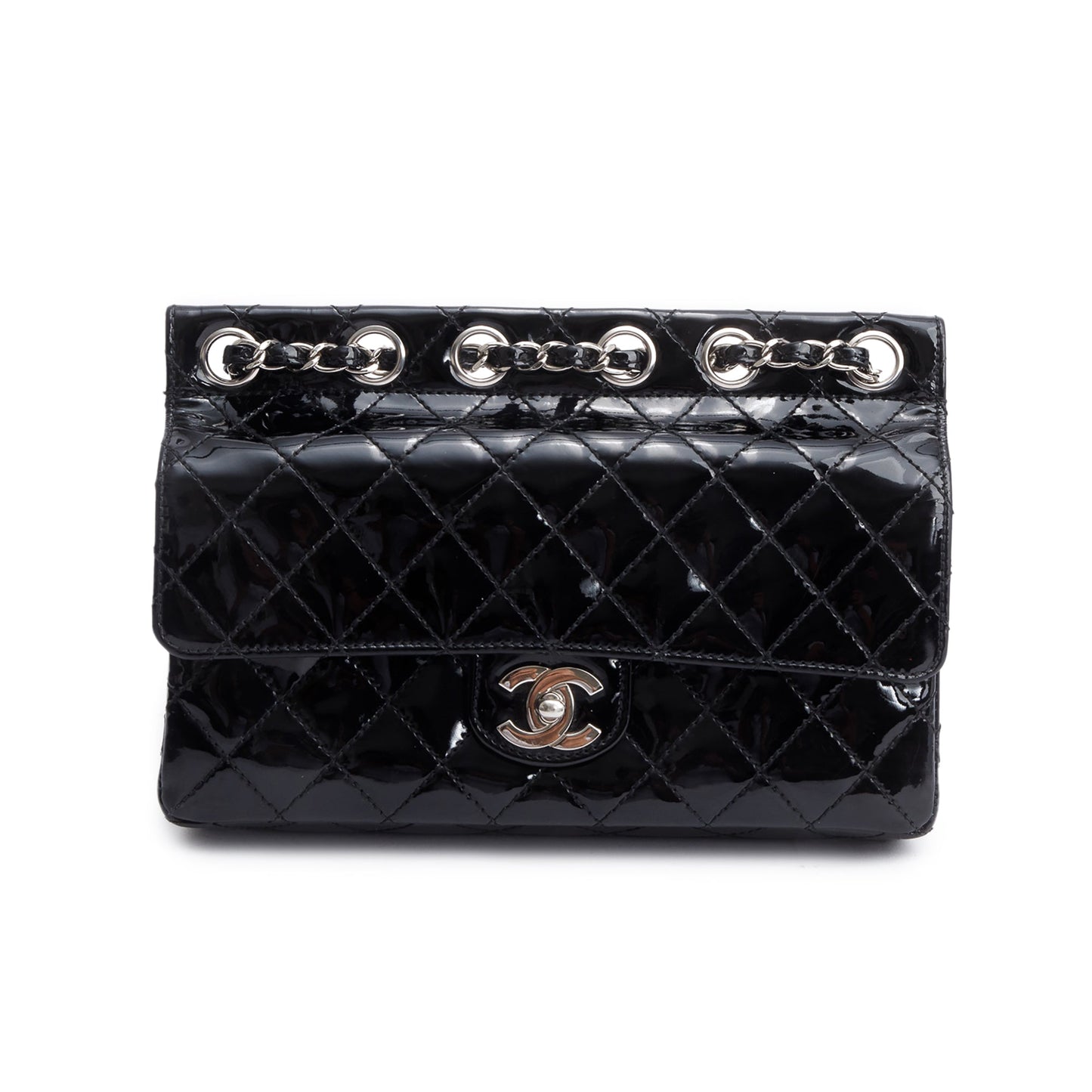 Chanel Black Quilted Patent Leather Chain Through Flap Bag