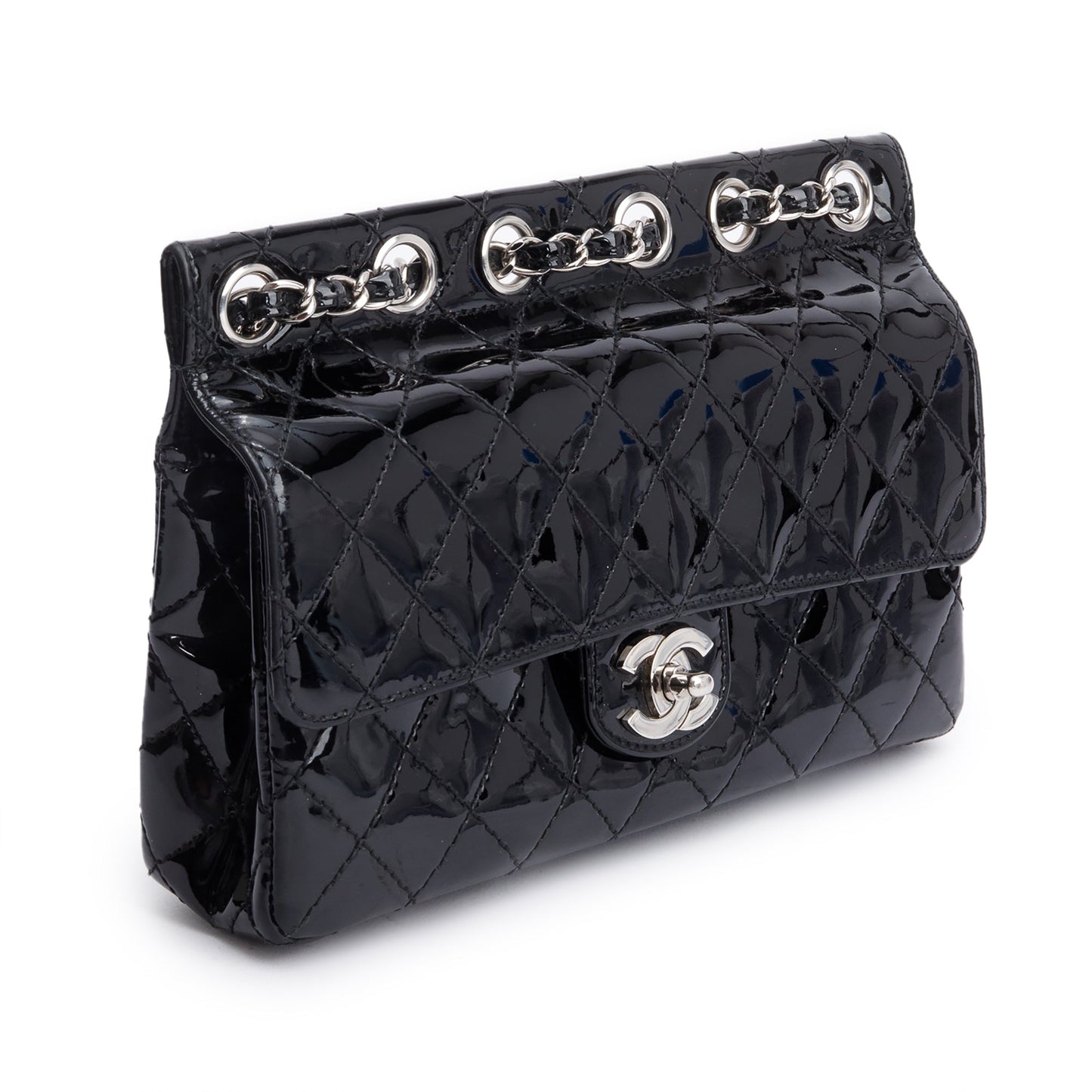 Chanel Black Quilted Patent Leather Chain Through Flap Bag