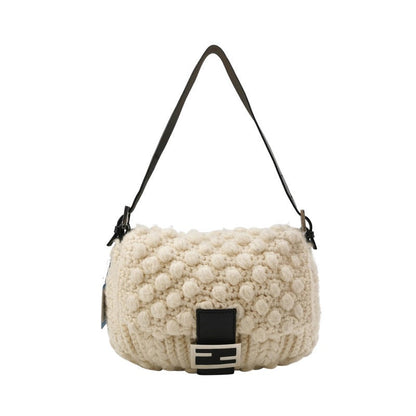 Fendi Mamma Baguette White Crochet Pompom Shoulder Bag