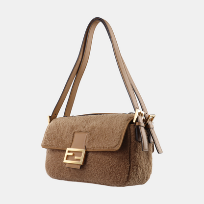 Fendi Baguette Medium Double Sided Shearling Light Beige Brown Shoulder Bag