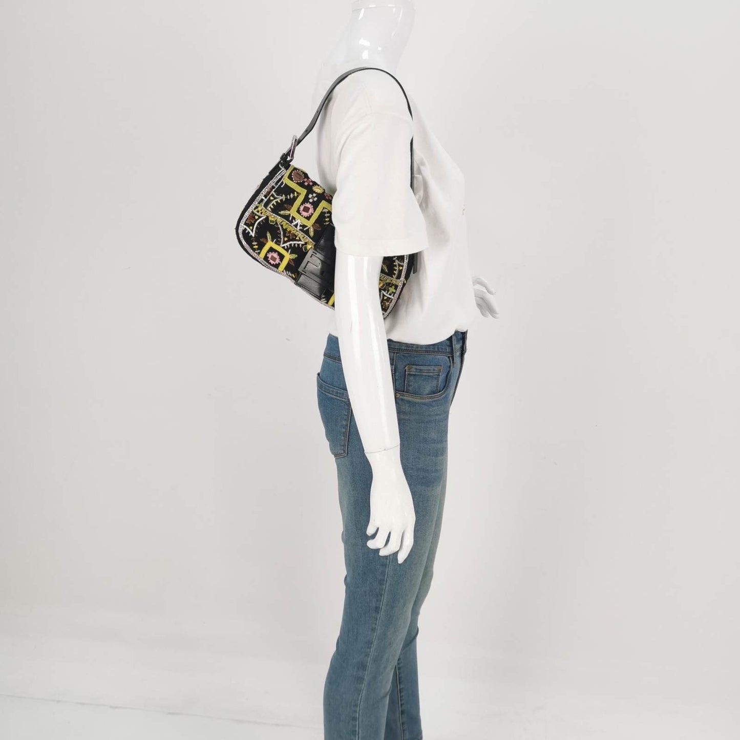 Fendi Baguette Vintage Brown Canvas with embroidery sequins mirrors and tassels