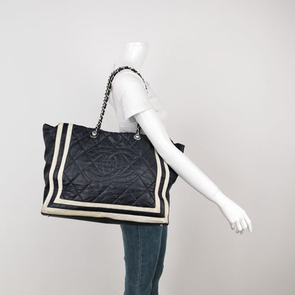 Chanel CC Shopping Tote Medium Cannage Lambskin Leather Navy with White Stripes
