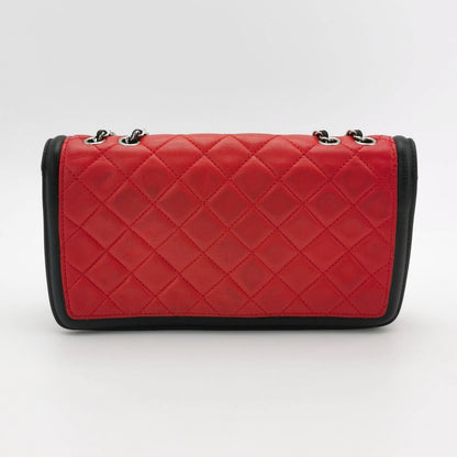 Chanel Baguette Flap Shoulder Bag Lambskin Red and Black Silver Double Chain