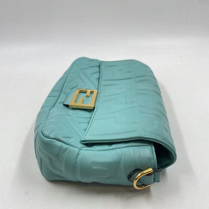 FENDI Baguette Turquoise Leather 3D FF Motif Crossbody bag