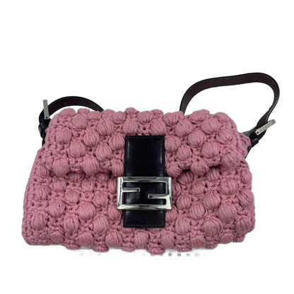 Fendi Baguette Bag Pink Crochet Knit Wool Pompom Shoulder Bag