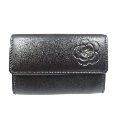 CHANEL Card Case leather black Camelia Women