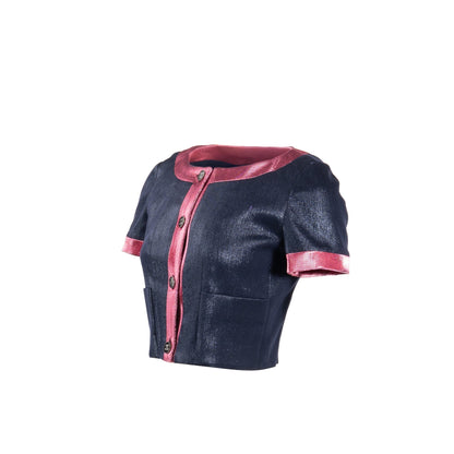 Chanel Size 36 22K CC Button Top Wool/Polyamide Metallic Navy Blue/Pink