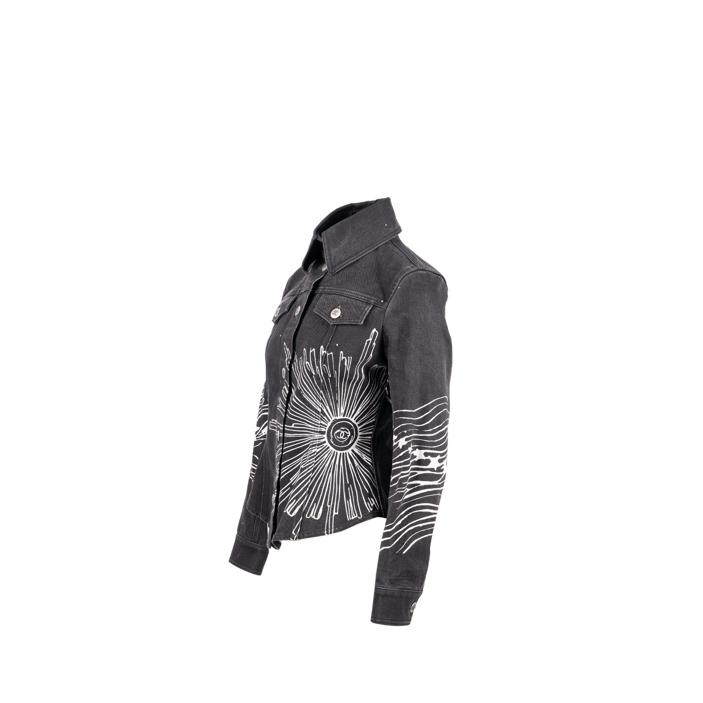 Chanel 22C Size 34 Graphic Print Denim Jacket Cotton Black/ White