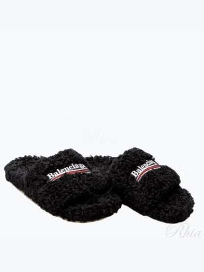 Luxury Balenciaga Trending 2025 Furry Logo Slippers Black