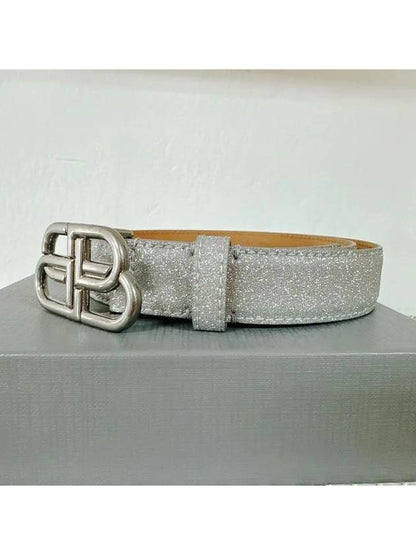 Luxury Balenciaga Trending 2025 BB Buckle Glitter Calf Leather Belt Silver