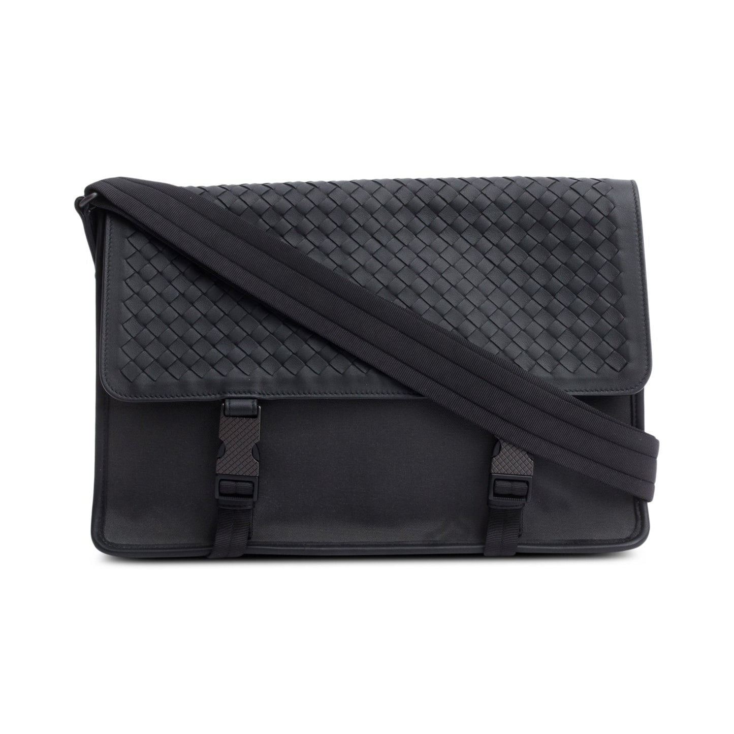 Bottega Veneta  Black Intrecciato Leather Canvas Flap Messenger Bag