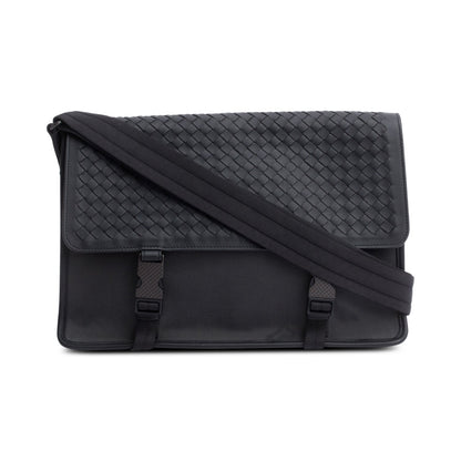 Bottega Veneta  Black Intrecciato Leather Canvas Flap Messenger Bag
