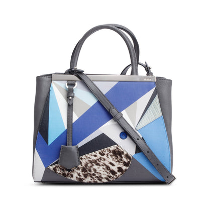 Fendi Grey Vitello Elite Leather Pony Hair & Python Trim Bird Petite 2Jours Tote