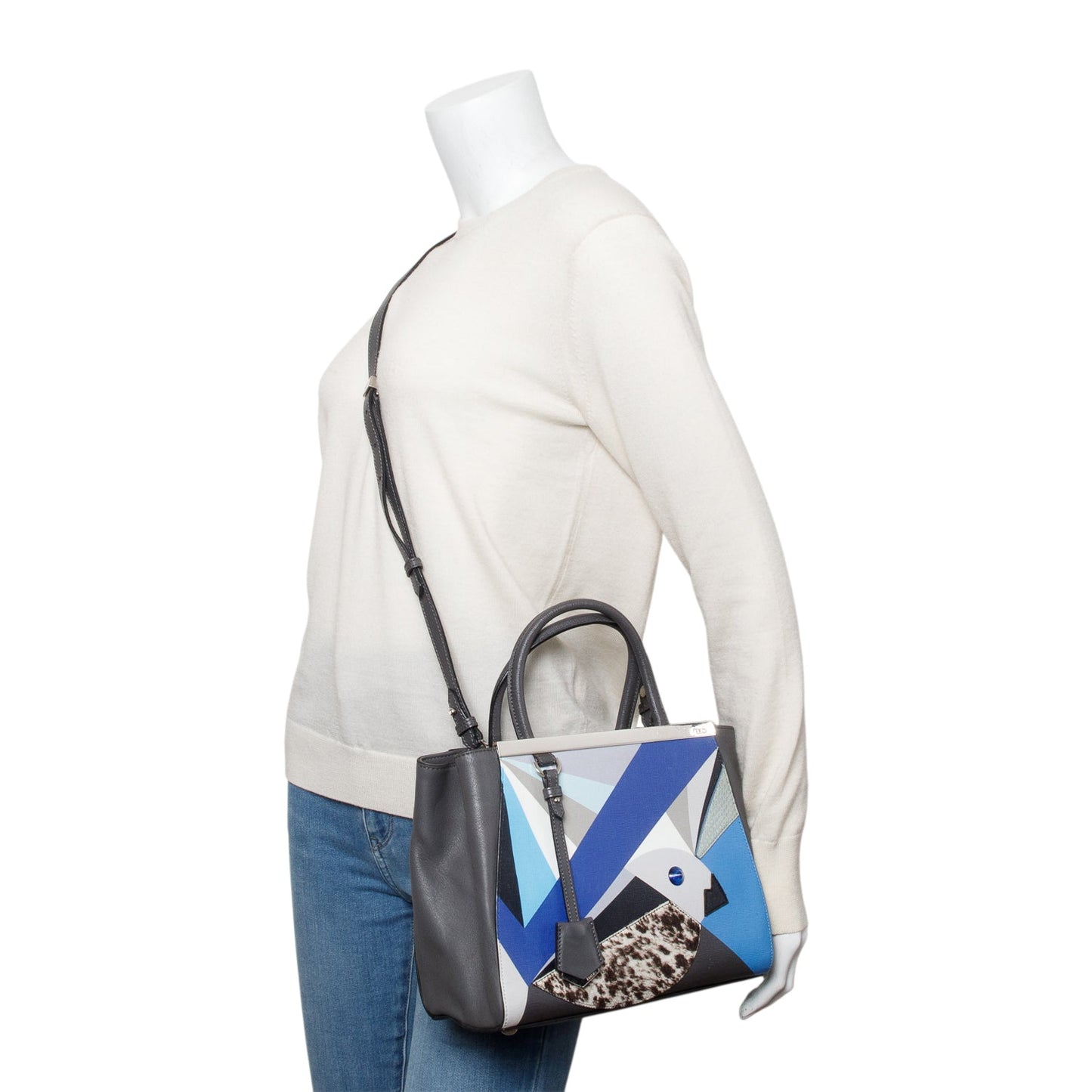 Fendi Grey Vitello Elite Leather Pony Hair & Python Trim Bird Petite 2Jours Tote