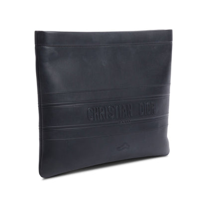 Christian Dior Black calfskin Leather Logo Strip Zip Pouch