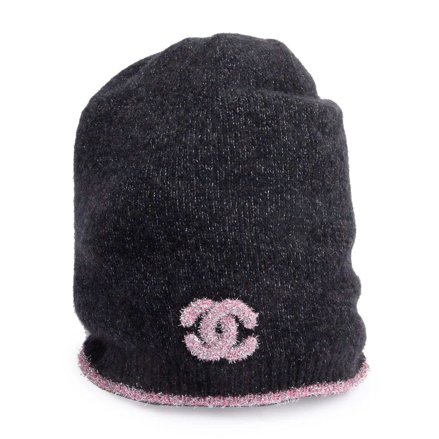 Chanel Black/Pink Glitter Cashmere CC Logo Beanie