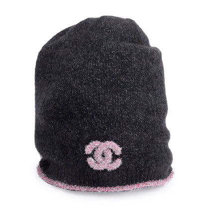 Chanel Black/Pink Glitter Cashmere CC Logo Beanie