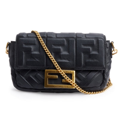 Fendi Black FF Embossed Nappa Leather Mini Be Baguette Bag