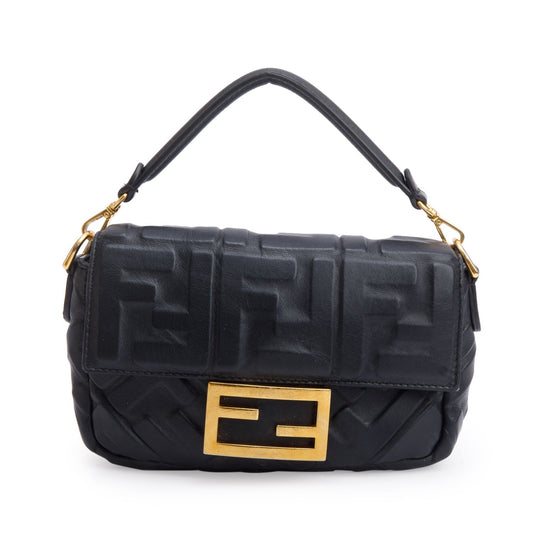 Fendi Black FF Embossed Nappa Leather Mini Be Baguette Bag