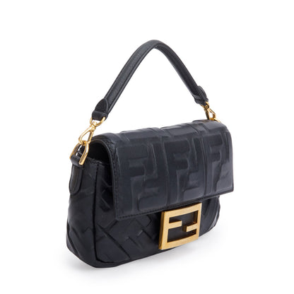 Fendi Black FF Embossed Nappa Leather Mini Be Baguette Bag